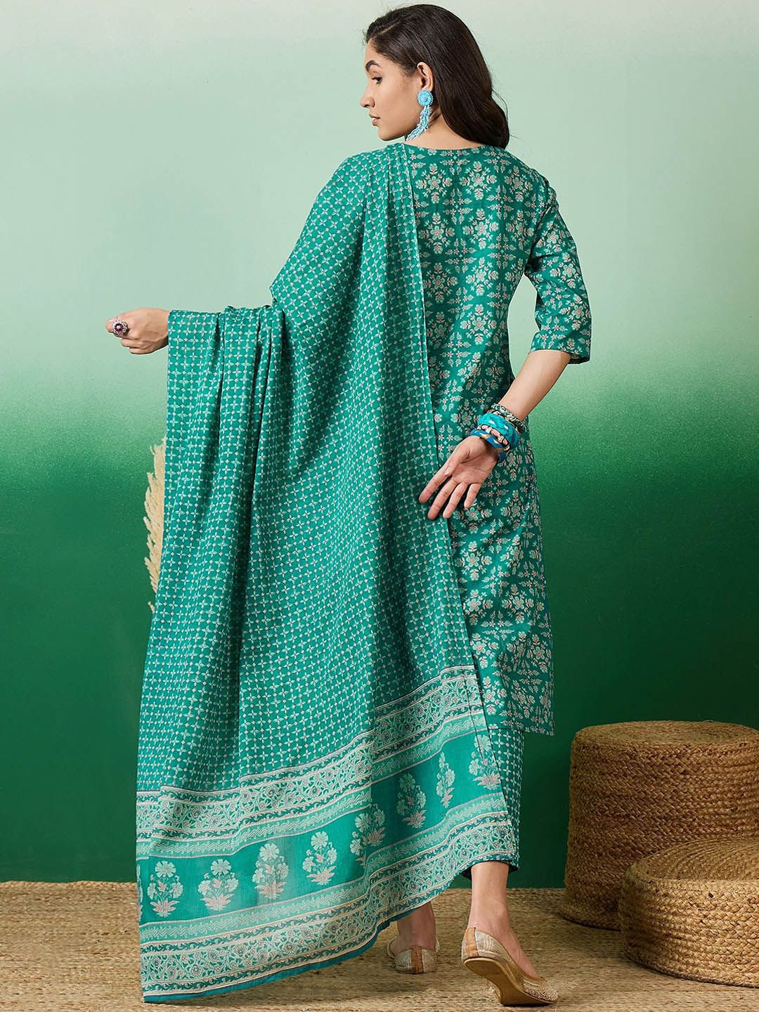 Dhiyona SN Women's Printed Pure Cotton Straight Kurta With Trousers & Dupatta