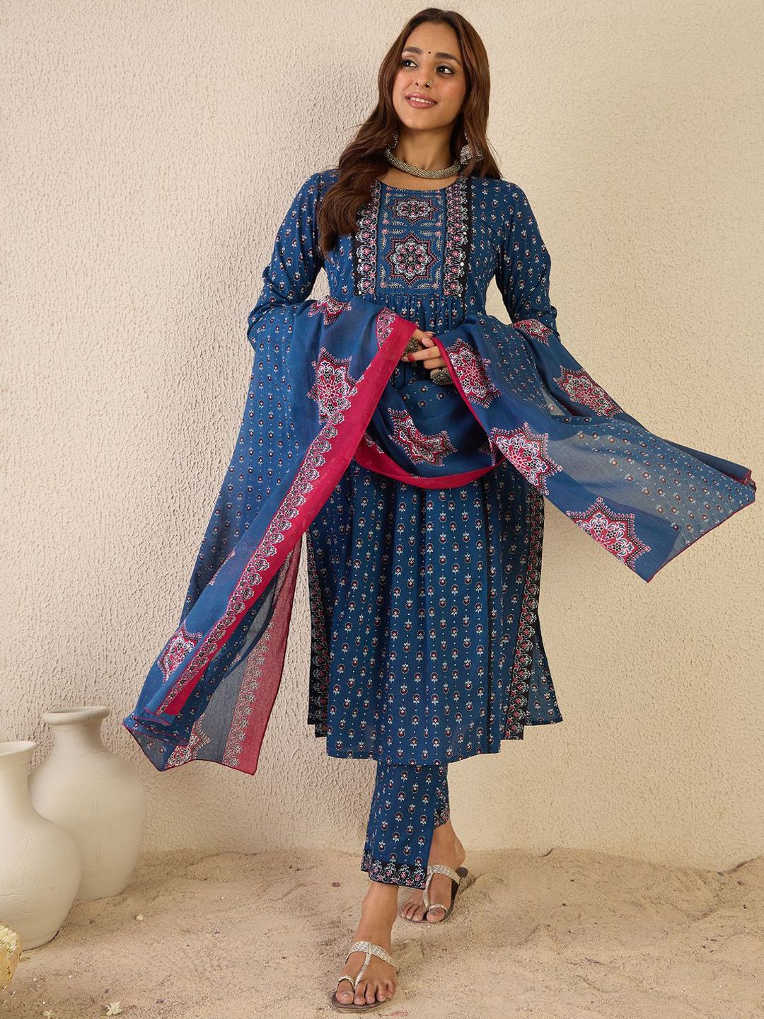 Indyancart IE Ethnic Motifs Printed Round Neck A line Pure Cotton Kurta with Trousers & Dupatta