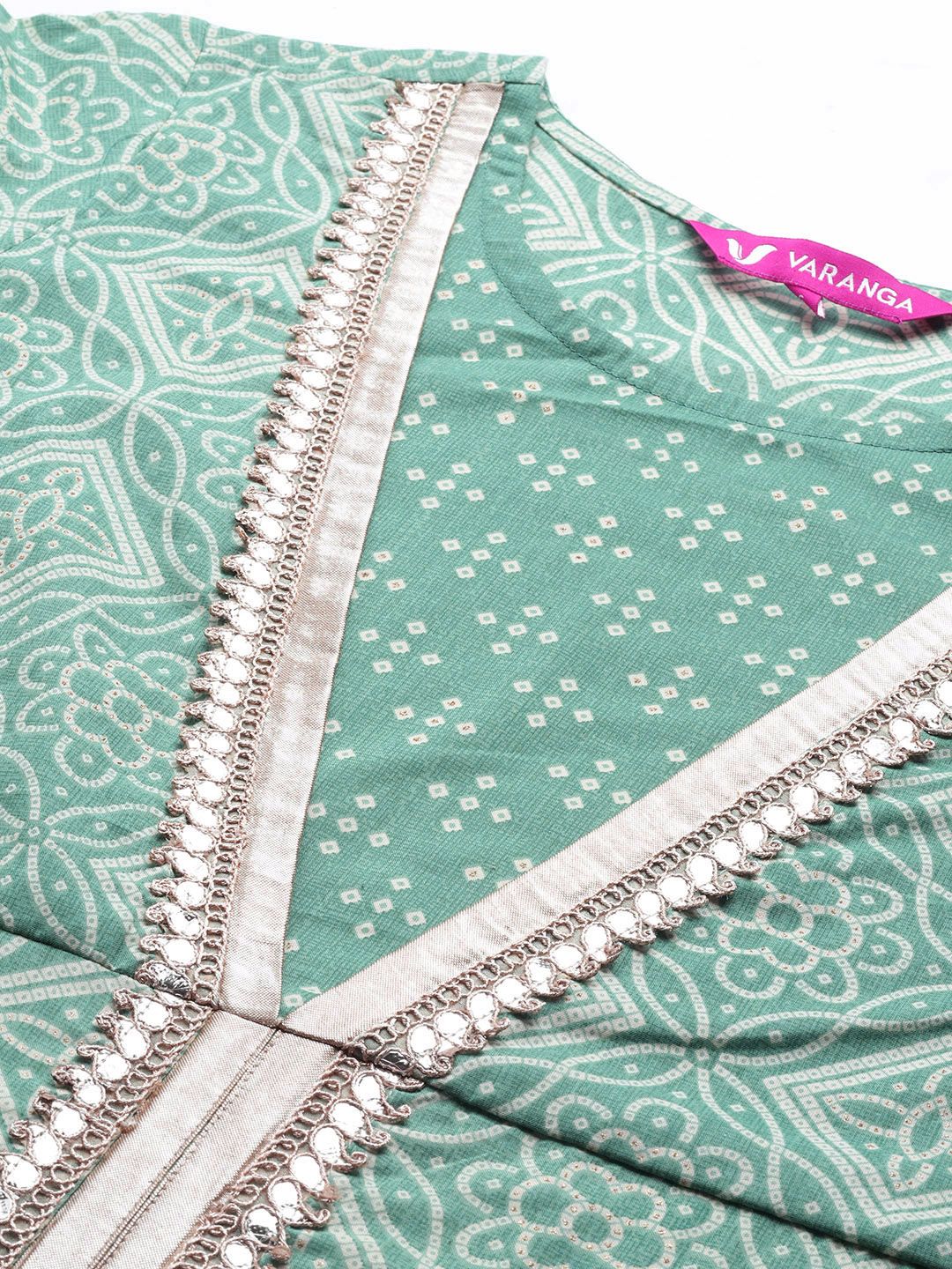 Indyancart VA Women's Teal Bandhani Printed High Slit Gotta Patti Pure Cotton Kurta with Palazzos & With Dupatta