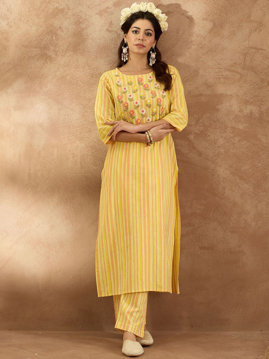 Dhiyona IE Striped V-Neck Pure Cotton Tunic With Trouser