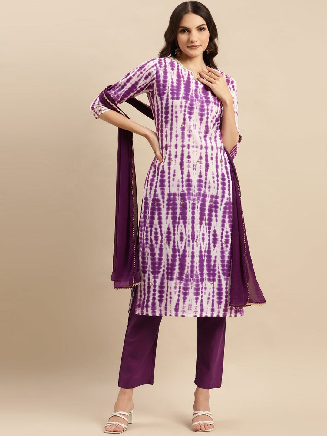 Indyancart VA Women'sShibori Dyed Regular Sequinned Pure Cotton Kurta With Trousers & Dupatta