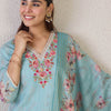 Dhiyona IE Women Floral Embroidered Linen Kurta with Trousers & Dupatta