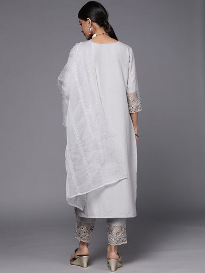 Indyancart VA Women's Grey Floral Embroidered Thread Work Kurta with Trousers & With Dupatta