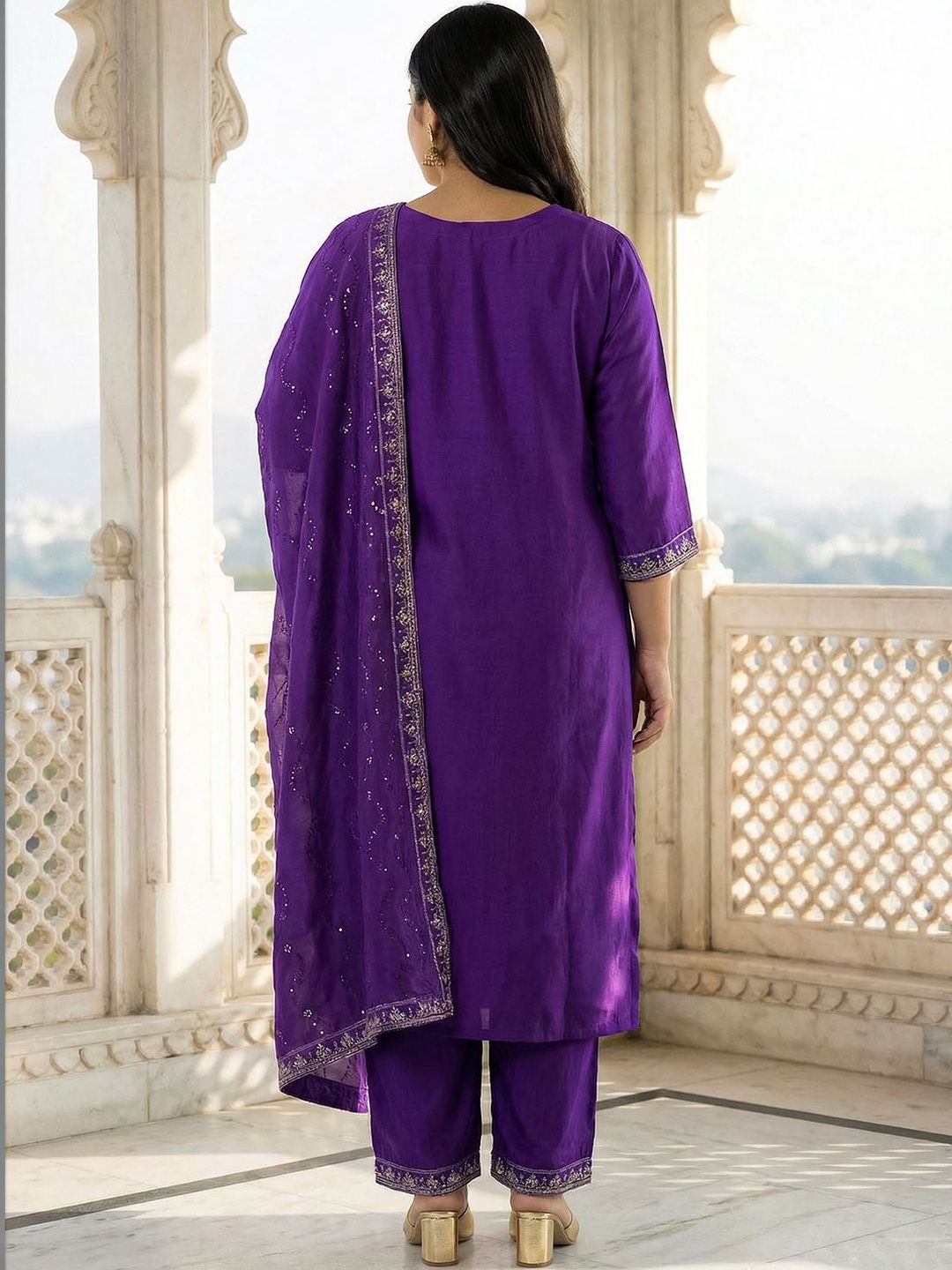Indyancart Women's Ethnic Motifs Embroidered Regular Thread Work Kurta with Trousers & With Dupatta