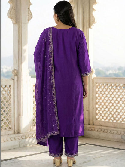 Indyancart Women's Ethnic Motifs Embroidered Regular Thread Work Kurta with Trousers & With Dupatta