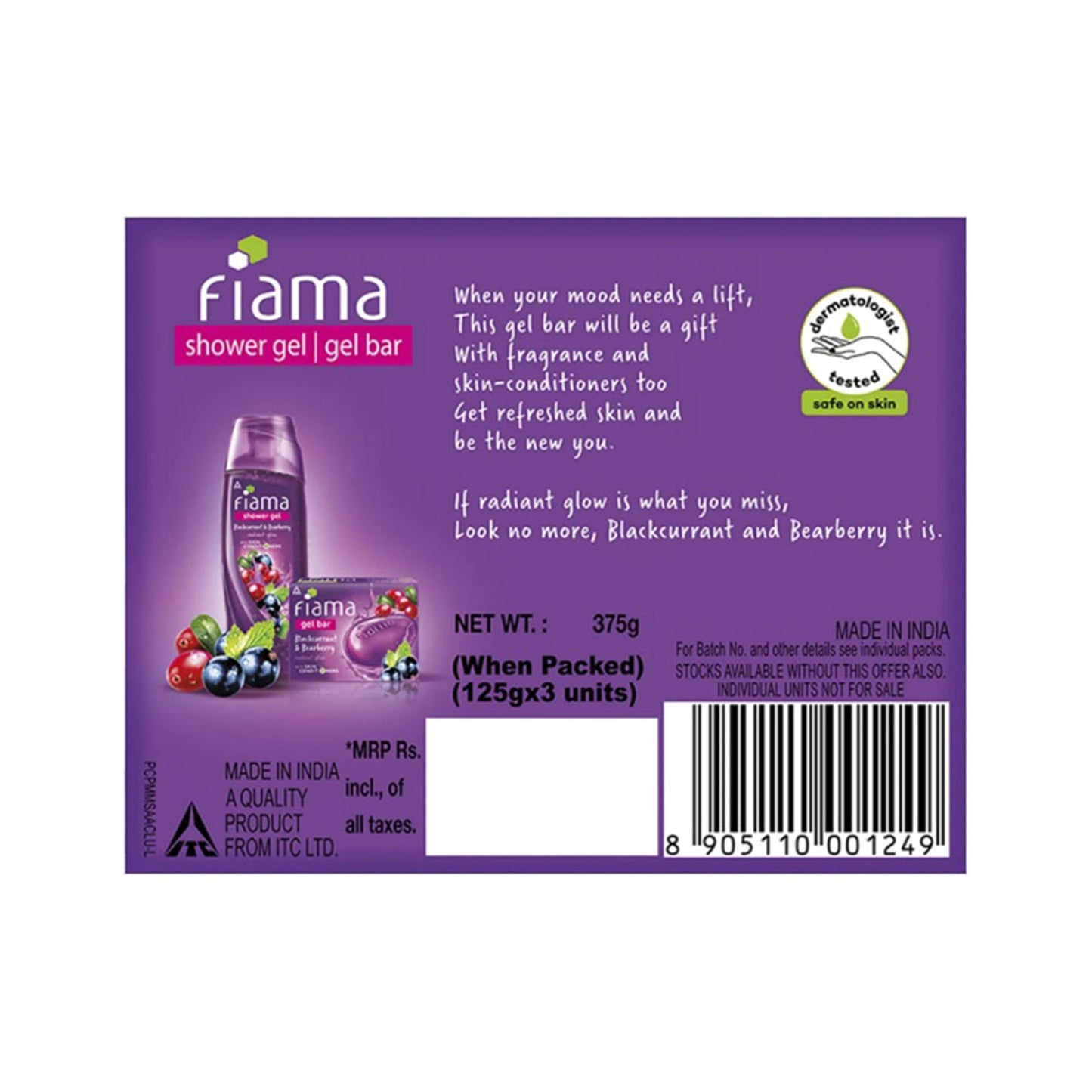 Fiama Gel Bar Blackcurrant & Bearberry 3x375g(Po3) |Radiant Glowing Skin|30% Smoothing Body Serum