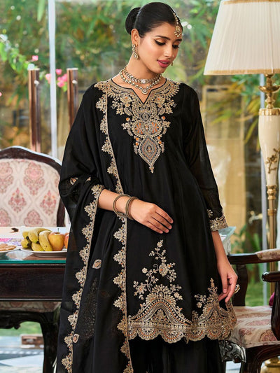 Indyancart IE Floral Embroidered Sequinned Chinon A-Line Kurta With Palazzos & Dupatta