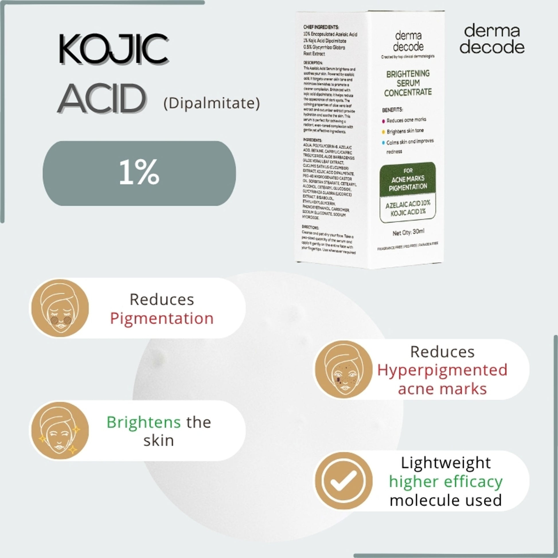 Derma Decode 1% Kojic Acid 10% Azelaic Acid Brightening Face Serum For Dark Spots And Pigmentation