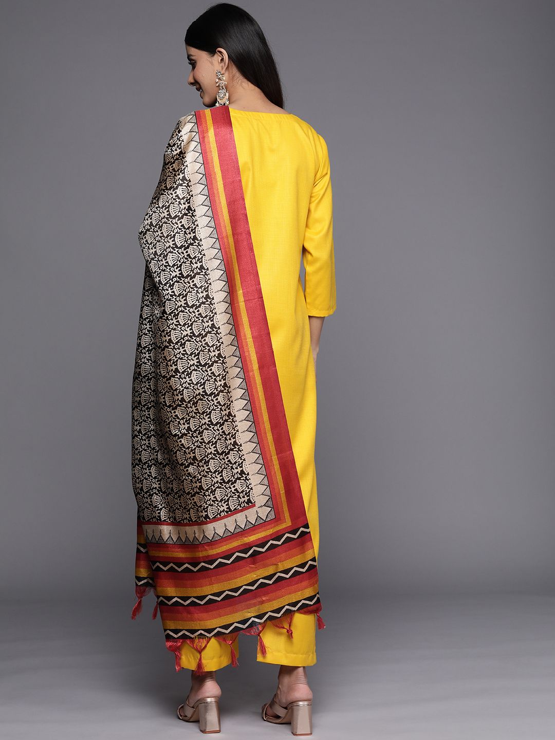 Indyancart VA Women'sFloral Yoke Design Gotta Patti Kurta with Trousers & With Dupatta