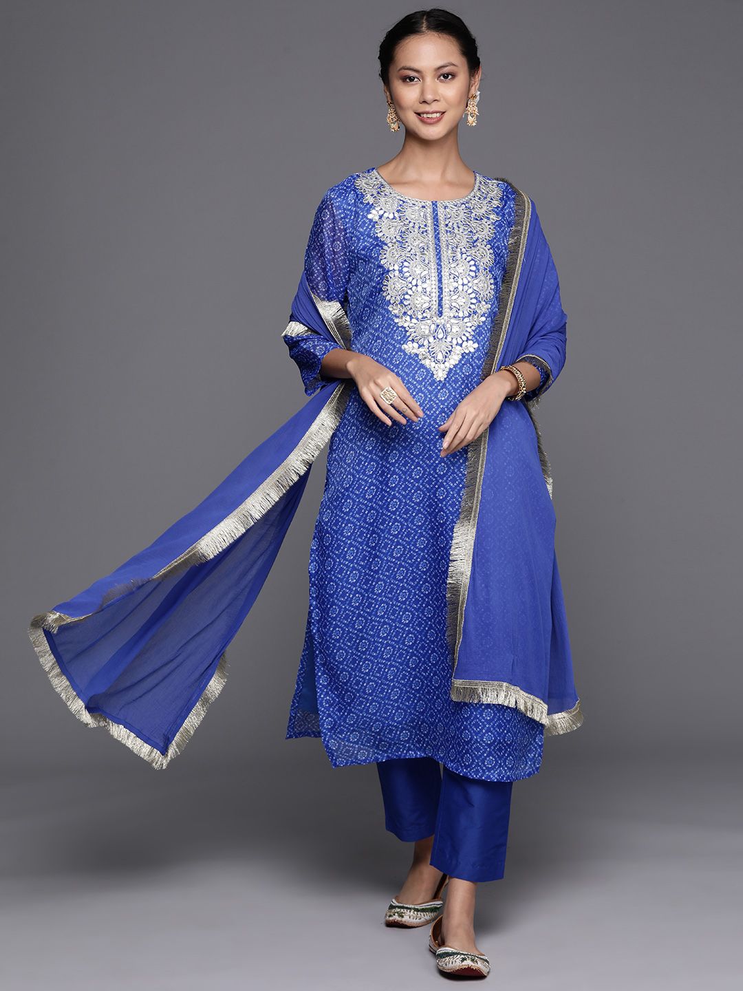 Indyancart VA Women'sBandhani Printed Mirror Work Kurta with Trousers & Dupatta