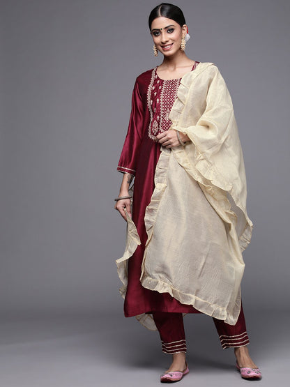 Dhiyona IE Women Maroon Ethnic Motifs Yoke Design Kurta with Trousers & With Dupatta