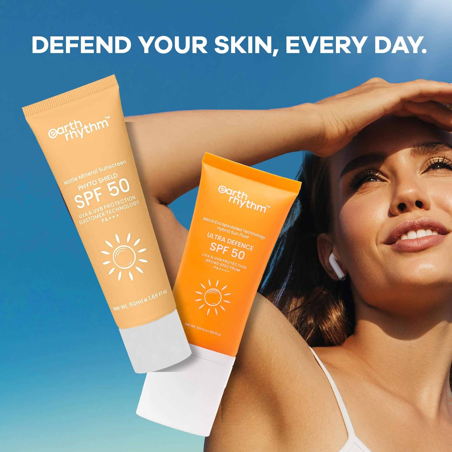 Earth Rhythm Ultra Defence Hybrid Sun Fluid SPF 50, Broad Spectrum, UVA UVB Protection, PA++++
