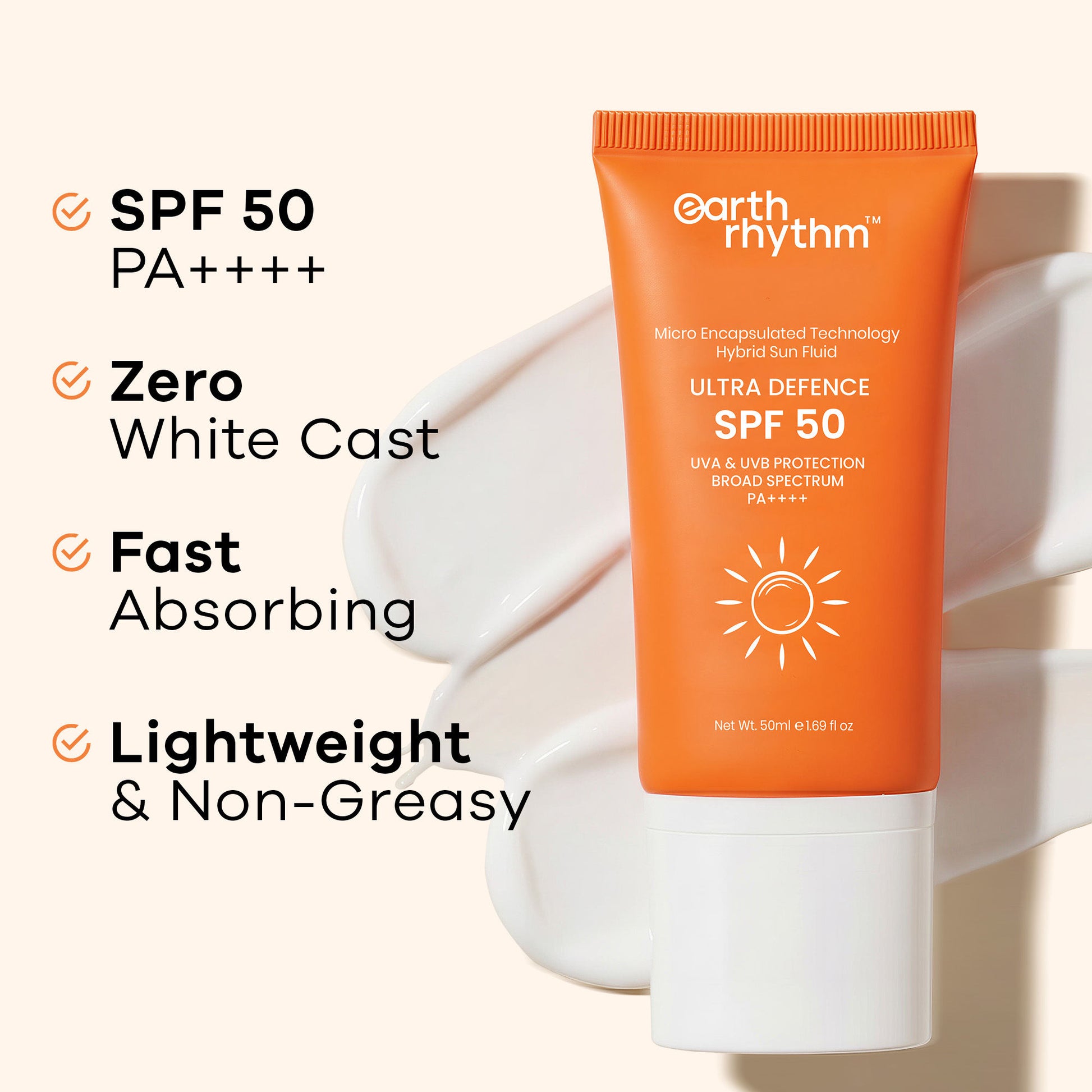 Earth Rhythm Ultra Defence Hybrid Sun Fluid SPF 50, Broad Spectrum, UVA UVB Protection, PA++++