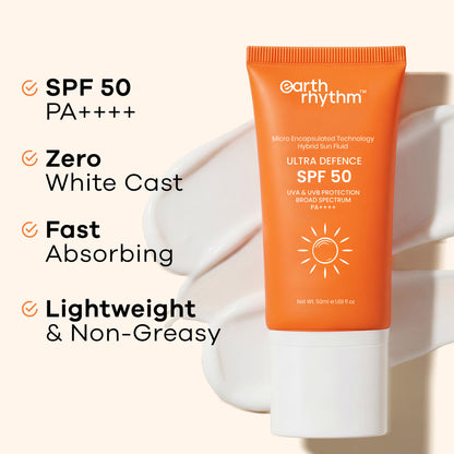 Earth Rhythm Ultra Defence Hybrid Sun Fluid SPF 50, Broad Spectrum, UVA UVB Protection, PA++++
