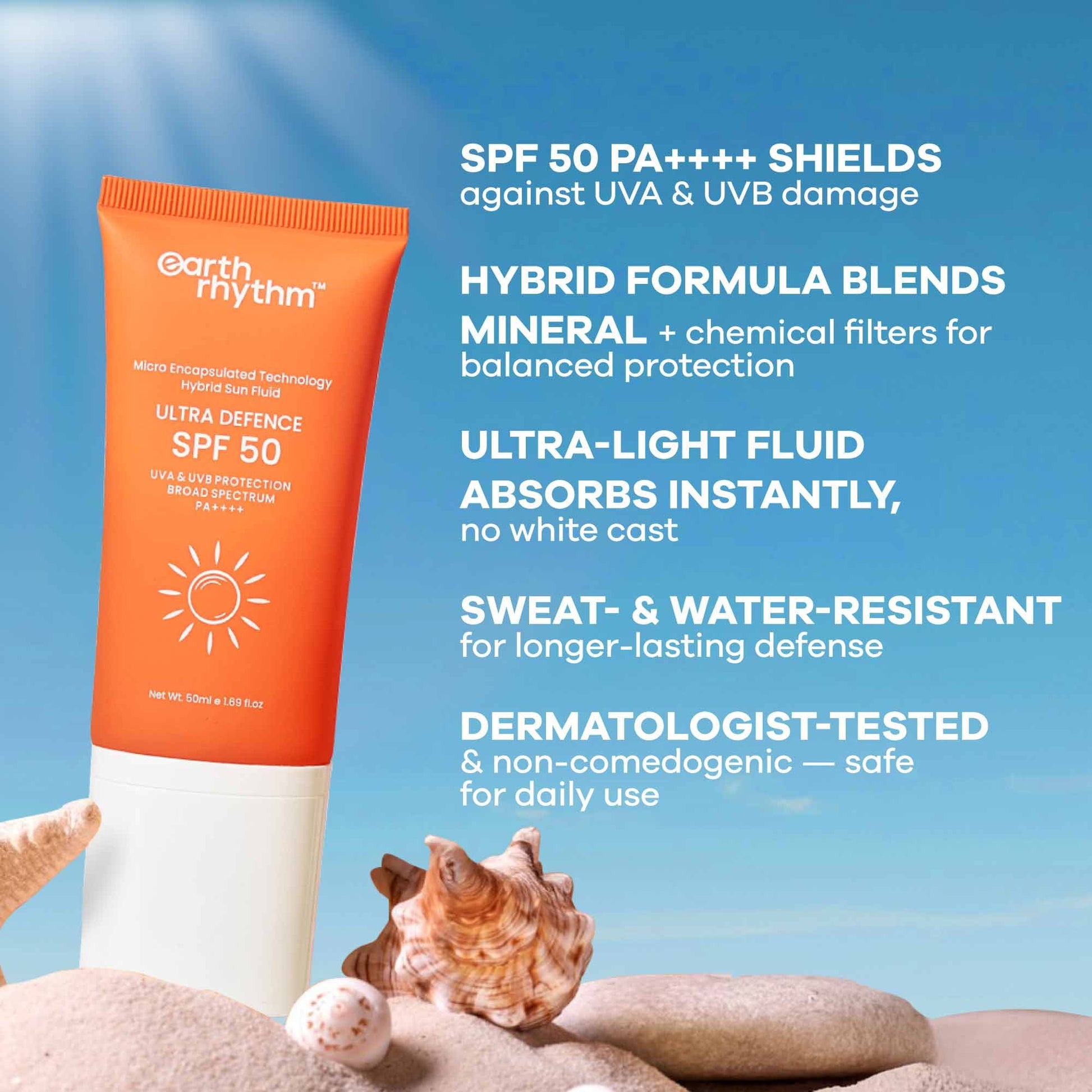 Earth Rhythm Ultra Defence Hybrid Sun Fluid SPF 50, Broad Spectrum, UVA UVB Protection, PA++++