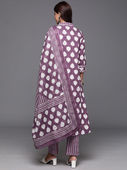 Indyancart VA Women'sFloral Printed Sequinned Pure Cotton Kurta with Trousers & Dupatta