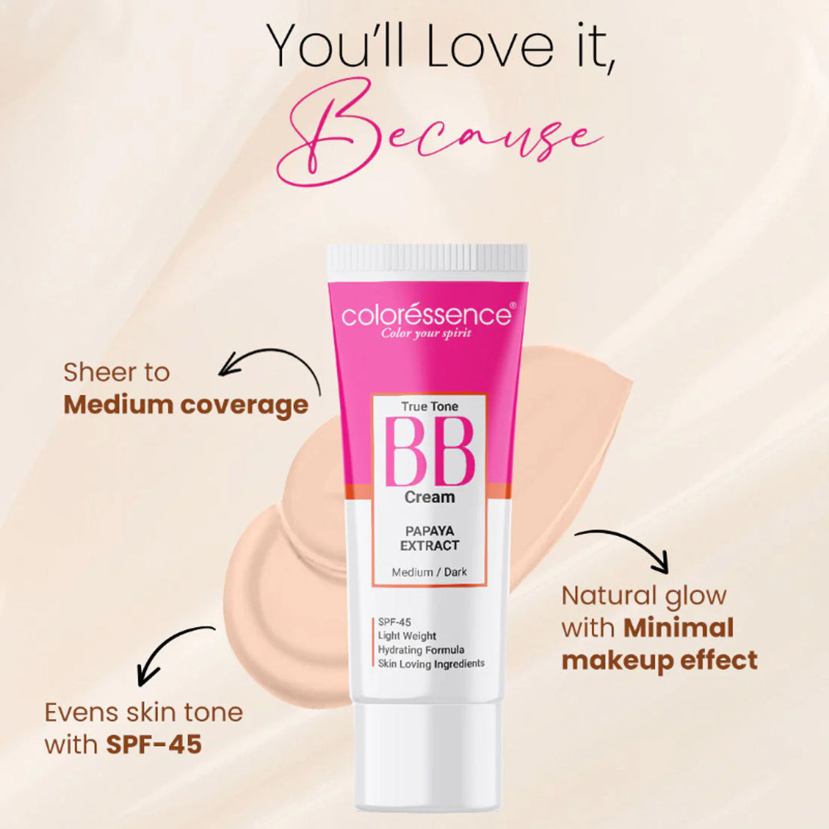 Coloressence True Tone BB Cream in Papaya shade, featuring a smooth, lightweight formula for even skin tone and natural glow.