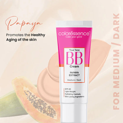 Coloressence True Tone BB Cream in Papaya shade, featuring smooth texture and natural finish on a cosmetic product.