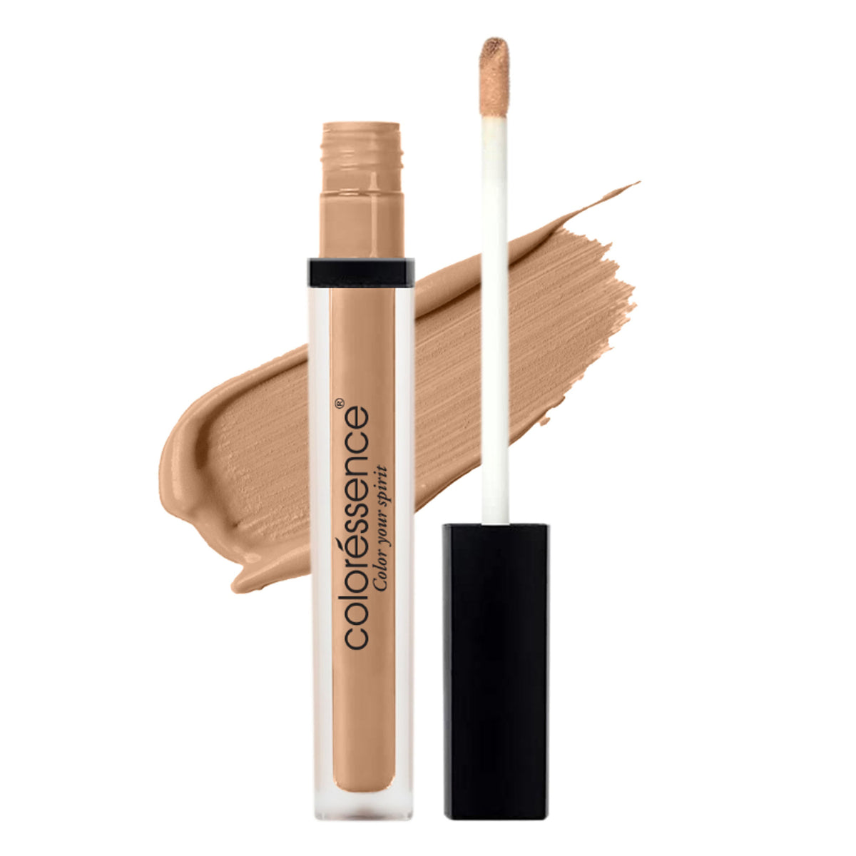 Coloressence Time To Prime full coverage liquid concealer in Biscuit shade, applied under the eyes and on blemishes.
