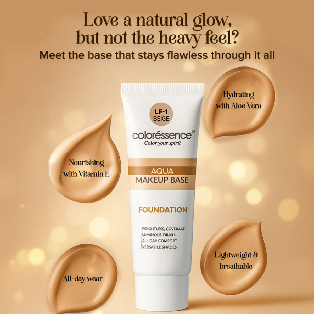 Coloressence Aqua Makeup Base Foundation in Brown LF-2, showing the creamy liquid foundation in a tube with applicator.