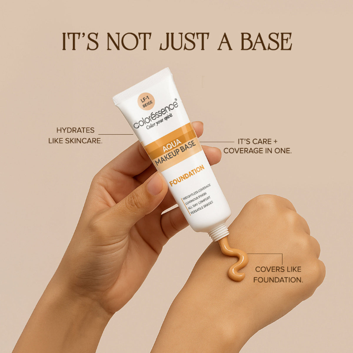 Coloressence Aqua Makeup Base Foundation in Brown LF-2, creamy liquid foundation for even skin tone application.