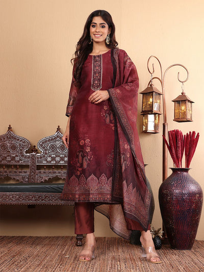 Indyancart VA Women'sFloral Printed Sequinned Chanderi Silk Straight Kurta with Trousers & Dupatta