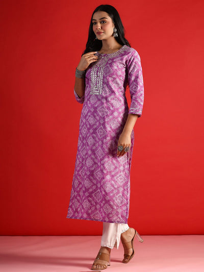 Indyancart IE Bandhani Printed Round Neck Long Sleeves Straight Cotton Kurta