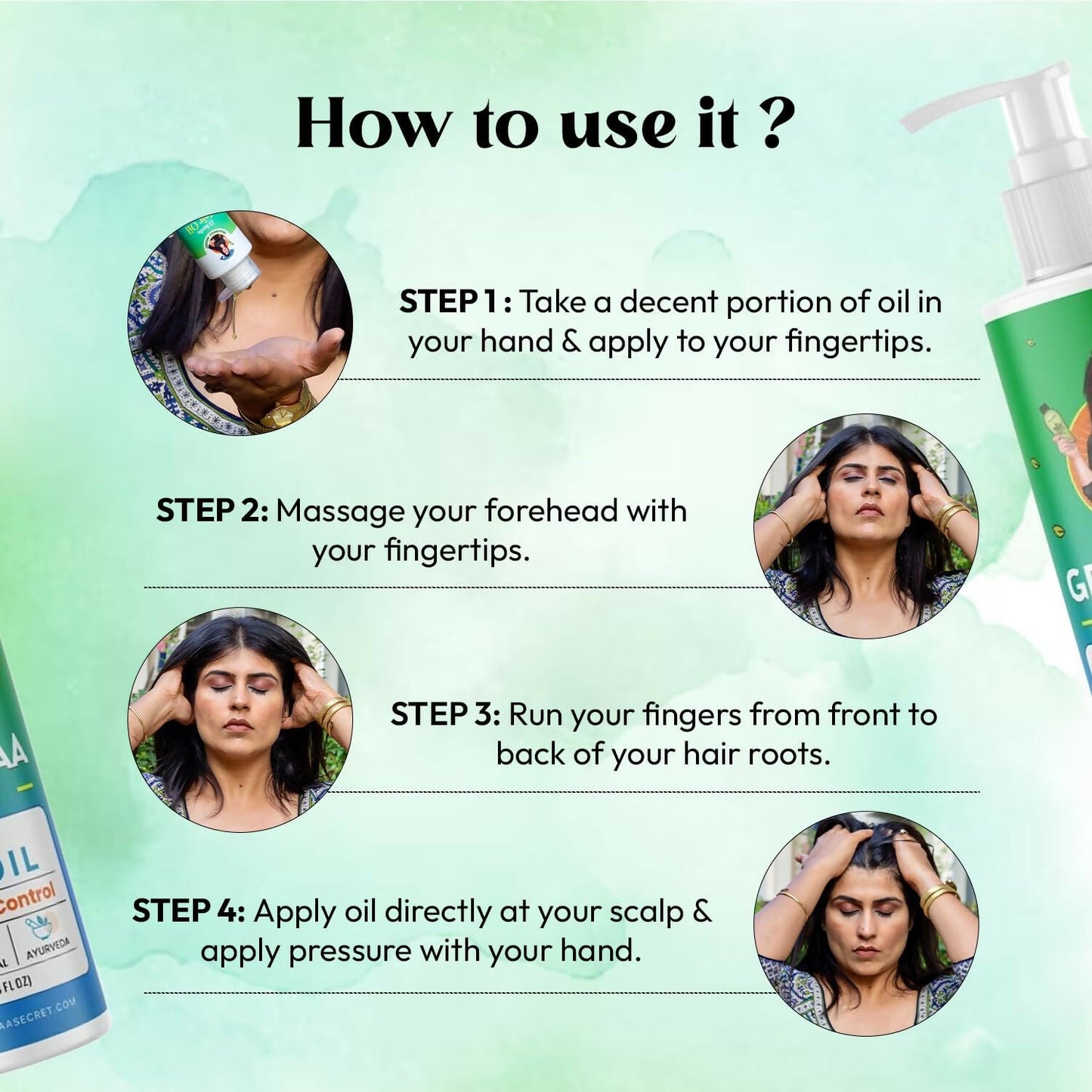 Nidhi's Grandmaa Secret 13 Herbs Hair Oil in a bottle, featuring herbs like curry leaves and coconut oil for dry, damaged hair.