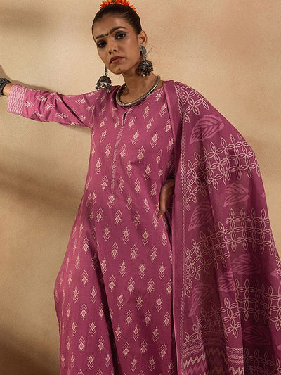 Dhiyona IE Ethnic Motifs Printed Pure Cotton Straight Kurta with Trousers & Dupatta