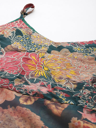 Indyancart VA Women'sFloral Printed Zari Kurta With Palazzos & Dupatta