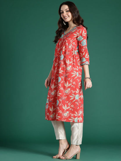 Indyancart IE Floral Printed Pure Cotton Kurta