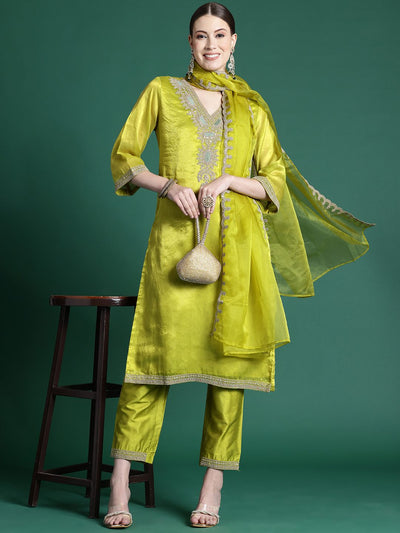 Indyancart IE Women Ethnic Motifs Embroidered Regular Kurta with Trousers & With Dupatta