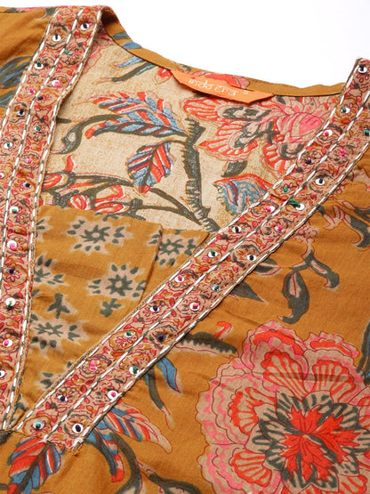 Dhiyona IE Floral Printed Sequinned Pure Cotton Kurta With Trousers & Dupatta