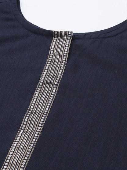 Dhiyona IE Women Navy Blue Ethnic Motifs Yoke Design Kurta with Palazzos & With Dupatta