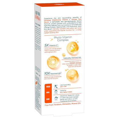 Himalaya Brightening Vitamin C Orange Face Serum with 5x Vitamin C and Hyaluronic Acid, showing the serum bottle and fresh oranges