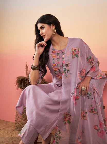 Dhiyona IE Women Lavender Floral Yoke Design Thread Work Kurta with Trousers & With Dupatta