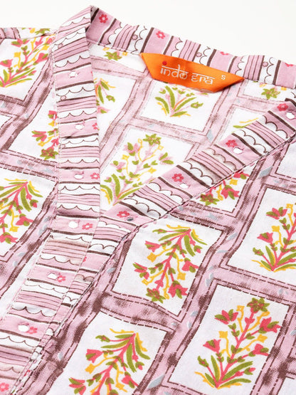 Indyancart IE Floral Printed Pure Cotton Kurta with Trousers