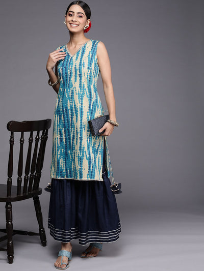 Indyancart IE Women Blue Dyed Kurta with Sharara