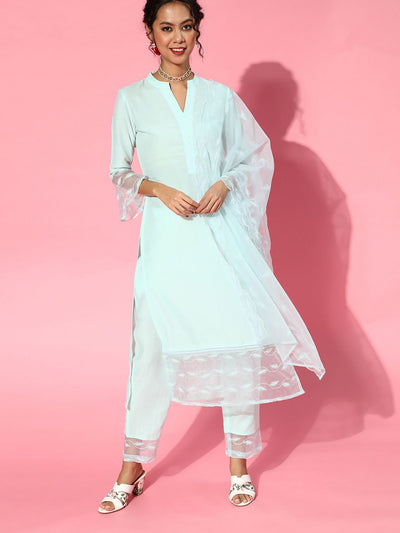 Indyancart IE Blue Silk Blend Mandarin Collar Kurta Set