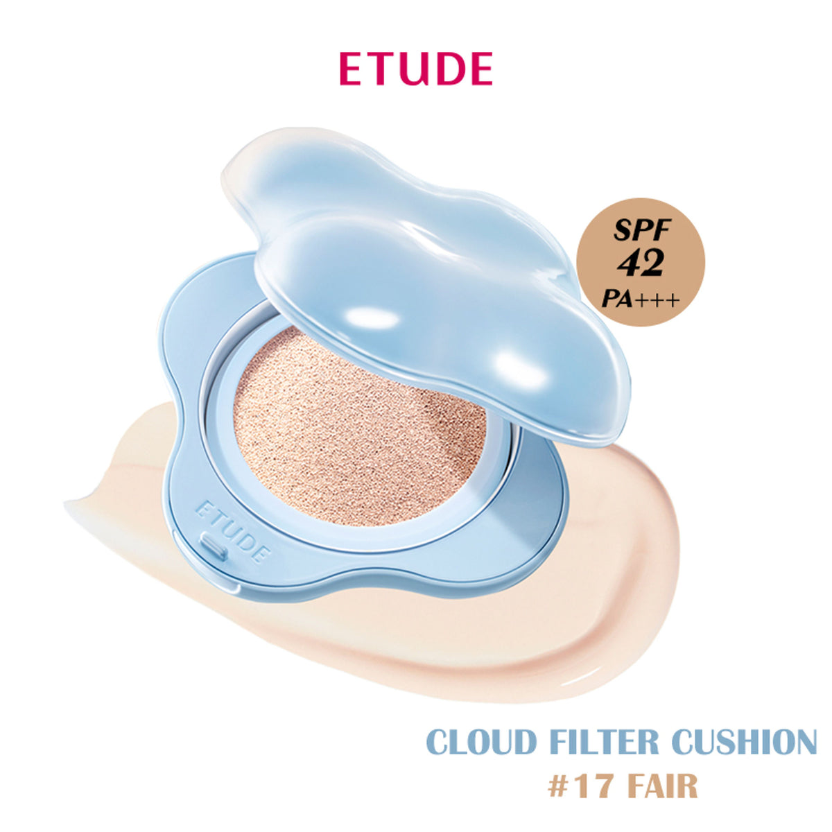 ETUDE Cloud Filter Cushion in shade 17 Fair, showcasing the compact makeup cushion with soft, cloud-like texture and smooth finish.