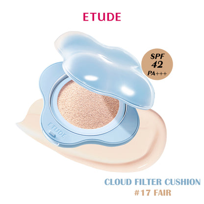 ETUDE Cloud Filter Cushion in shade 17 Fair, showcasing the compact makeup cushion with soft, cloud-like texture and smooth finish.