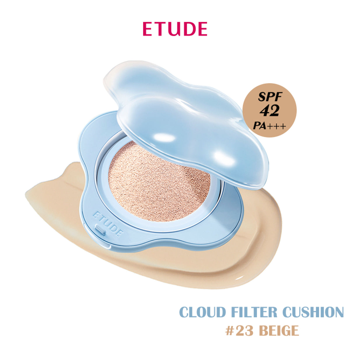 ETUDE Cloud Filter Cushion in shade 23 Beige, featuring a compact makeup cushion with soft, cloud-inspired packaging and applicator.