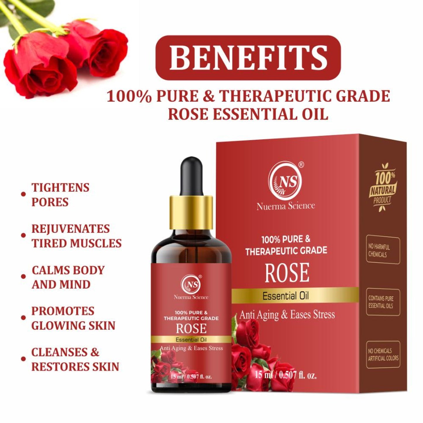Nuerma Science Rose Essential Oil (100% Pure) for Fair Skin, Tan Removal & Glowing Skin