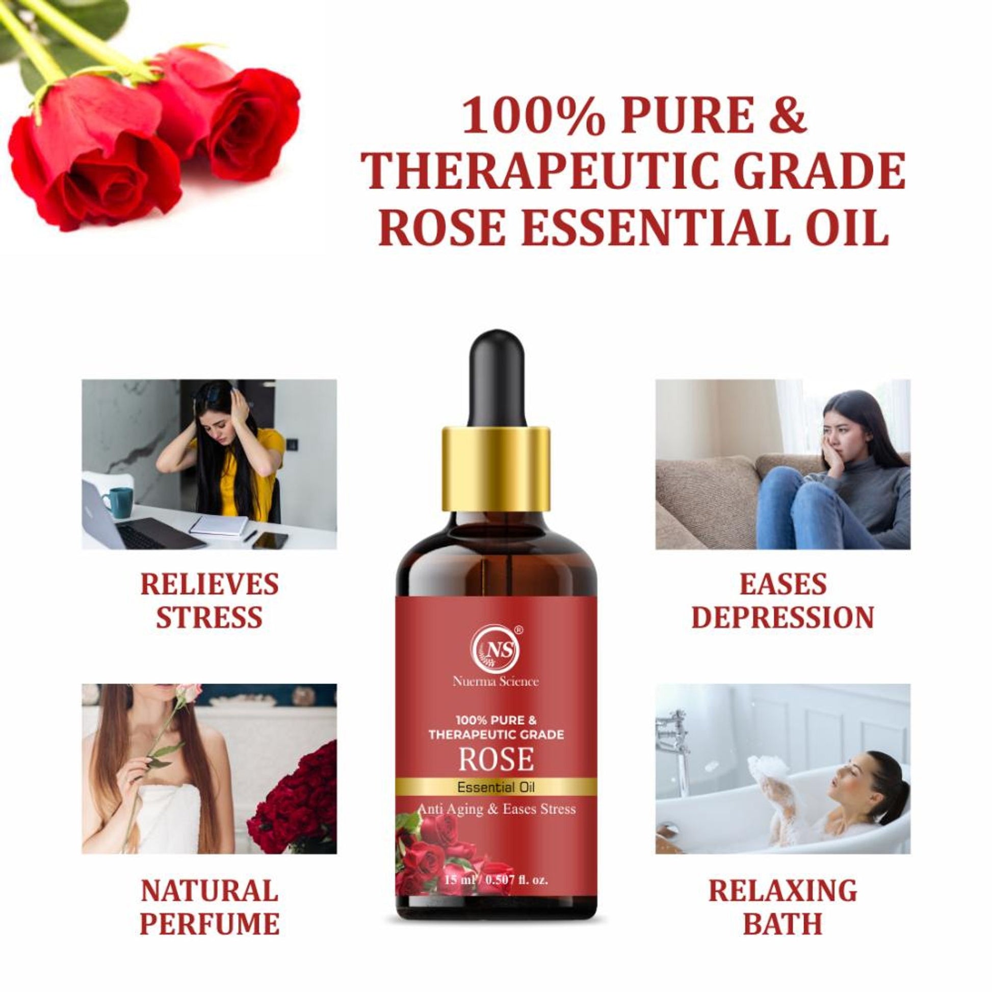 Nuerma Science Rose Essential Oil (100% Pure) for Fair Skin, Tan Removal & Glowing Skin