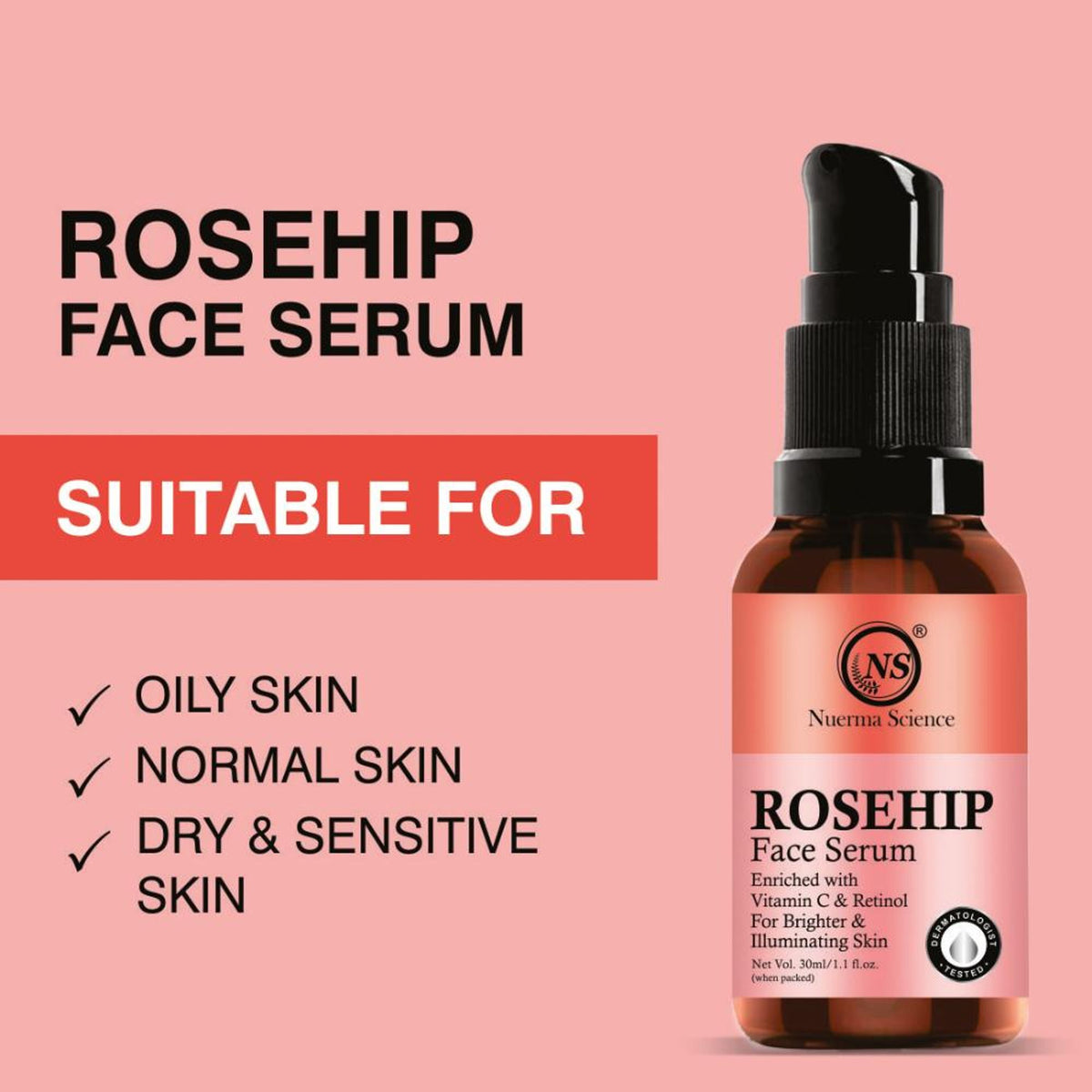 Nuerma Science 15% Rosehip Face Serum enriched Vitamin C & Retinol for Illuminating Skin