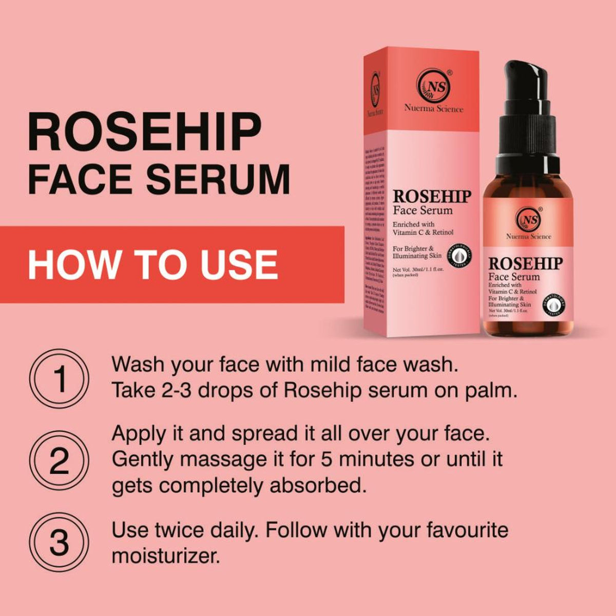 Nuerma Science 15% Rosehip Face Serum enriched Vitamin C & Retinol for Illuminating Skin