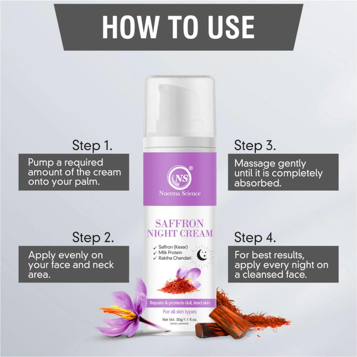 Nuerma Science Saffron Night Cream with Milk Protein, Rakhta Chandan for Repair Dull Skin