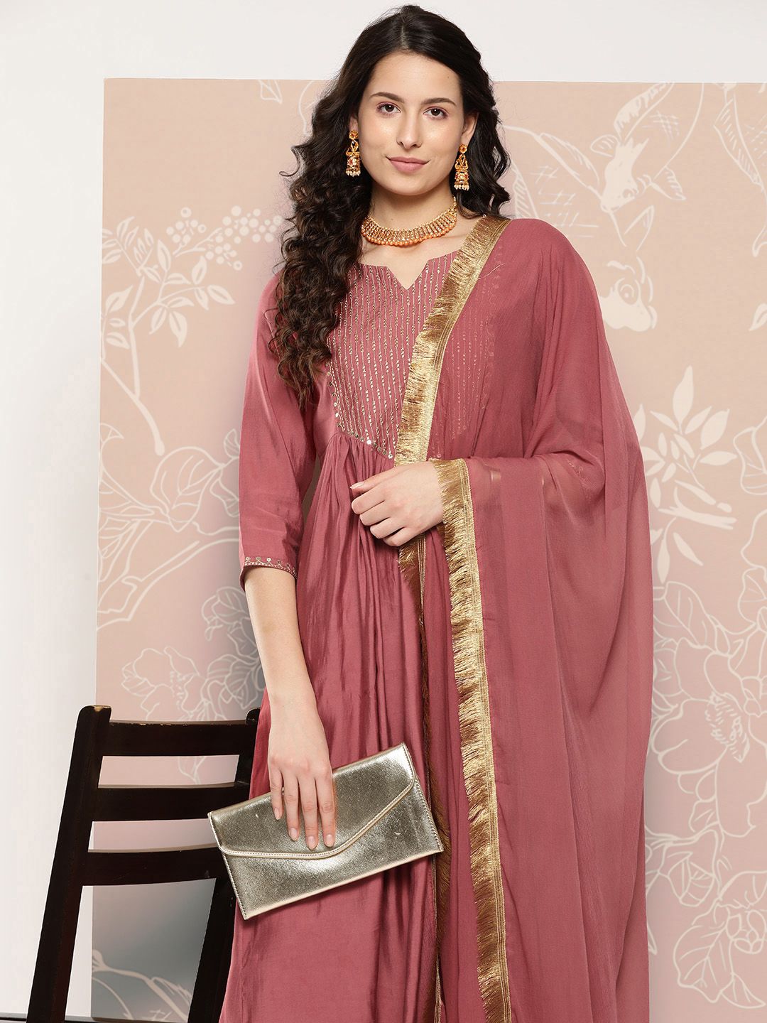 Indyancart VA Women's Embroidered Empire Kurta with Trousers & With Dupatta