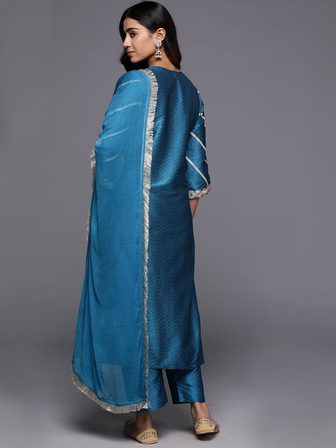 Dhiyona VA Women'sWoven Design Notch Neck Thread Work Straight Kurta With Trousers & Dupatta