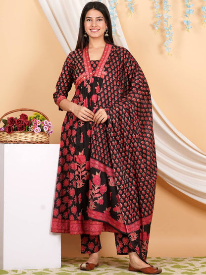 Indyancart VA Women'sFloral Printed Empire Mirror Work Pure Cotton Kurta with Trousers & With Dupatta